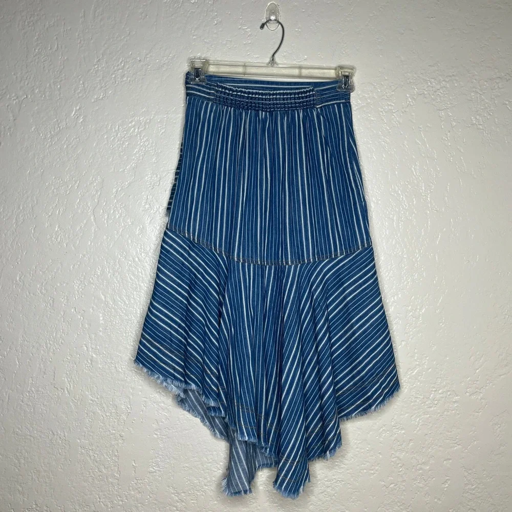 Pilcro Anthropologie Striped Ruffle Asymmetrical Denim Midi Skirt Blue 4 NWT